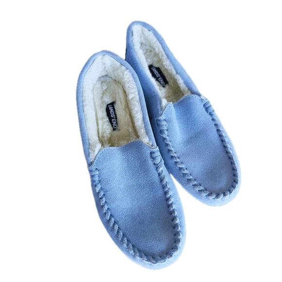 Land's End Women's Fuzzy Lined Suede Moccasin Slippers Baby Blue 6B Lounge Cozy - Picture 3 of 9